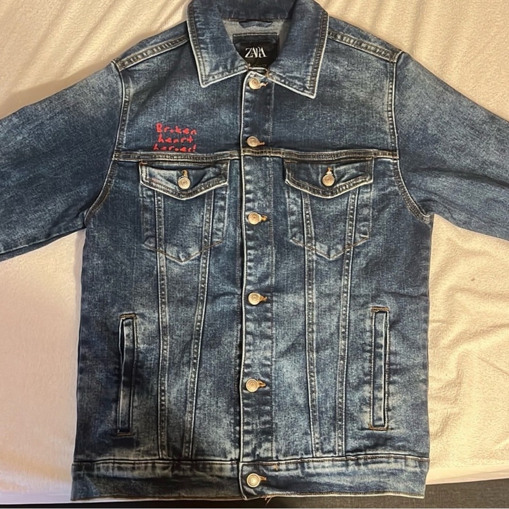 Zara Distressed Blue Denim Jacket with Red heart on the bag